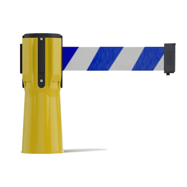 Montour Line Retractable Belt Barrier Cone Mount Yellow Case 9ft. Blu/Wh Belt CP100-YW-BWD-90 - main